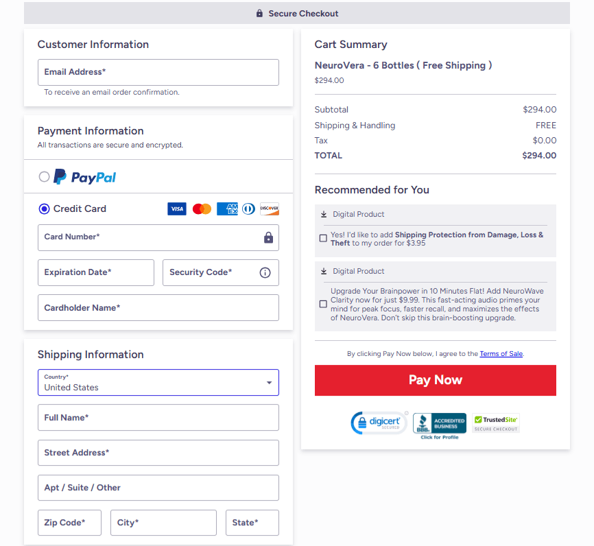 NeuroVera Checkout Page